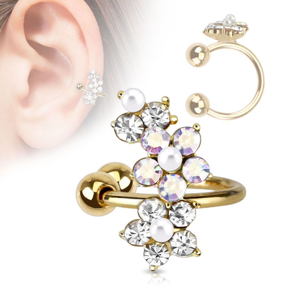 Ear Cartilage Cuff No-Pierce Faux Pearl Flower Gold I.P. – Perfect For All Ages