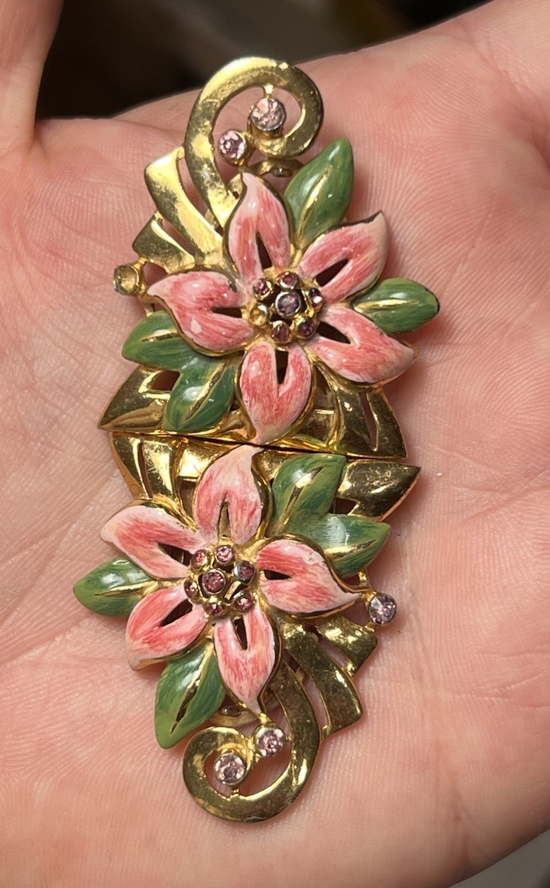 Vintage 1940’s Adolph Katz Coro Rhinestone Enamel Flower Fur Clips Duette Brooch