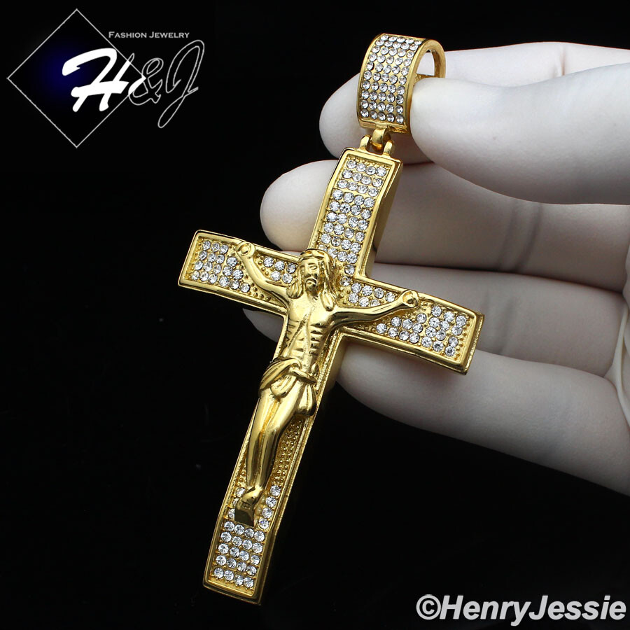 18-40″MEN Stainless Steel 7mm Gold Plated Miami Cuban Chain CZ Cross Pendant*142