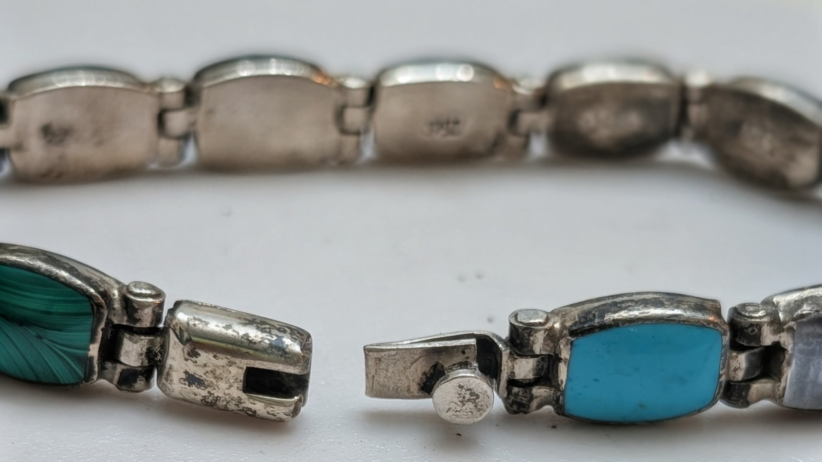 Vintage Taxco Mexico 950 Silver Multi Stone Inlay Link Bracelet 7.5″ 27.6g TJ-88