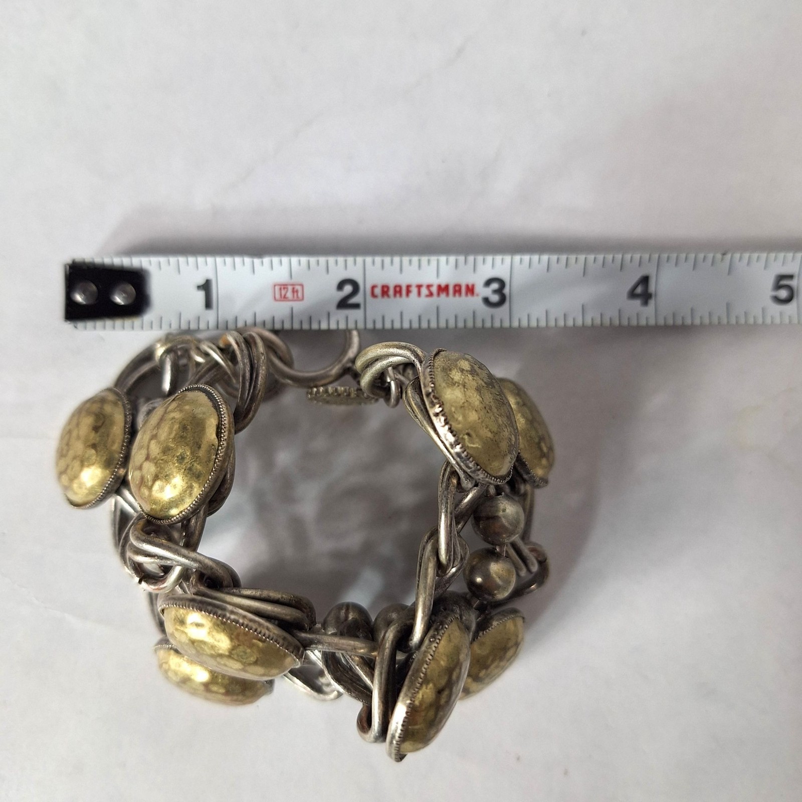 Jessica Simpson Silver Gold Hammered Cabochon Link Statement Bracelet Boho