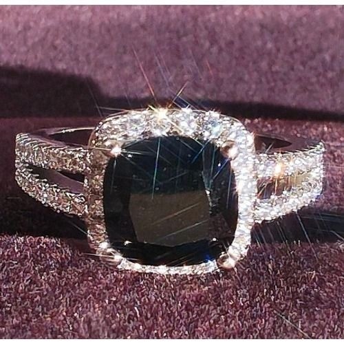Black Cushion Cut Halo Ring Silver Tone Split Shank Costume Jewelry Size 7