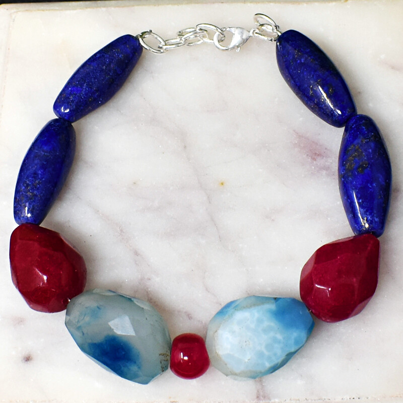 190.00 Cts Earth Mined 7″ Long Red Ruby & Lapis Lazuli Beads Bracelet NK 05E187