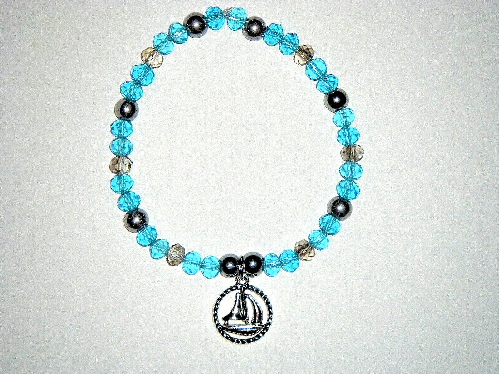 NAUTICAL SHIP CHARM BEADED BRACELET (7 3/4″): HAND-MADE JEWELRY BY T.L.C.