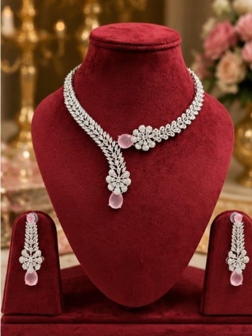 Elegant Luxury Pink Crystal Necklace Set Cubic Zirconia Earrings Party Jewelry
