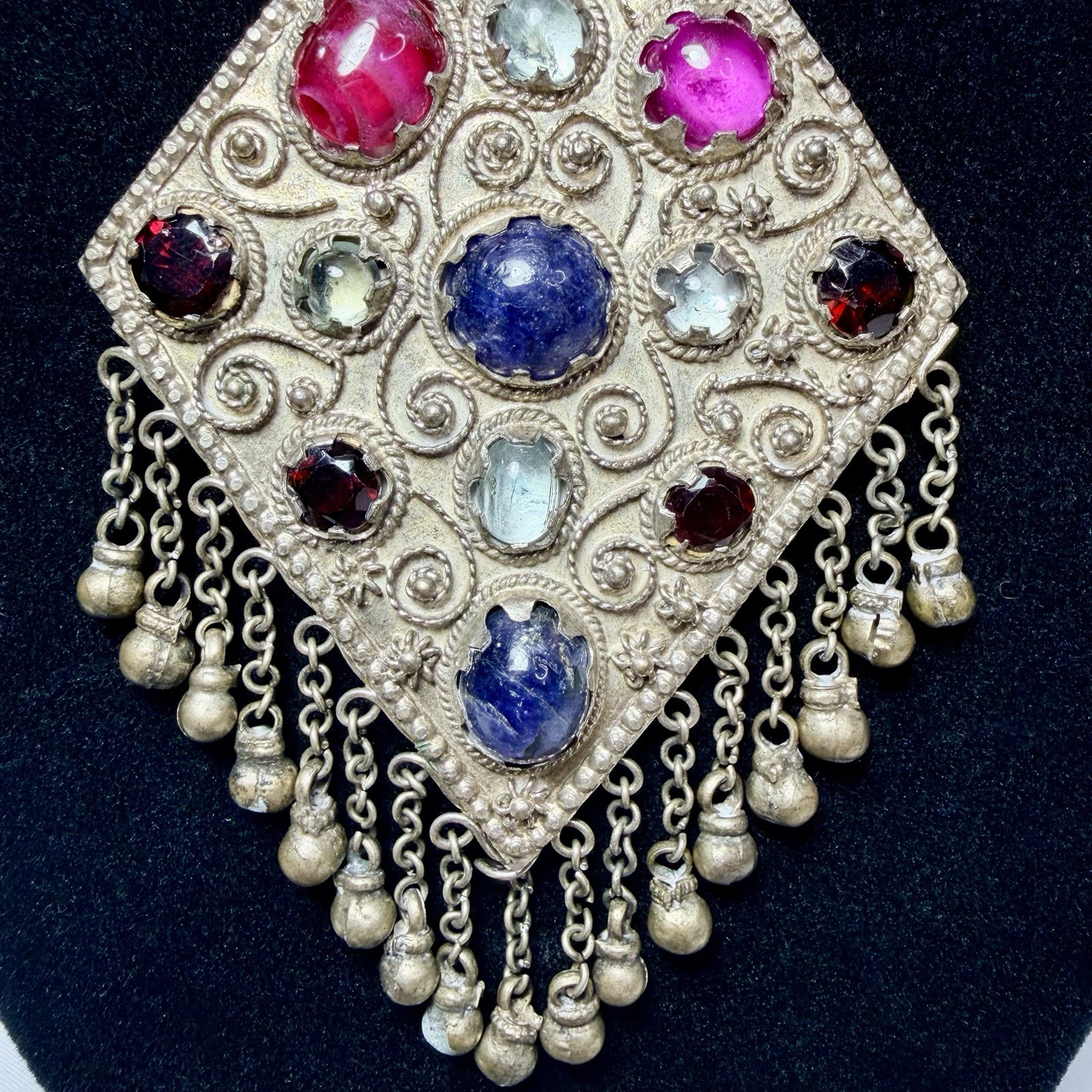 Vintage Kuchi Tribal Pendant Intricate Metalwork Adorned Colored Cabochons