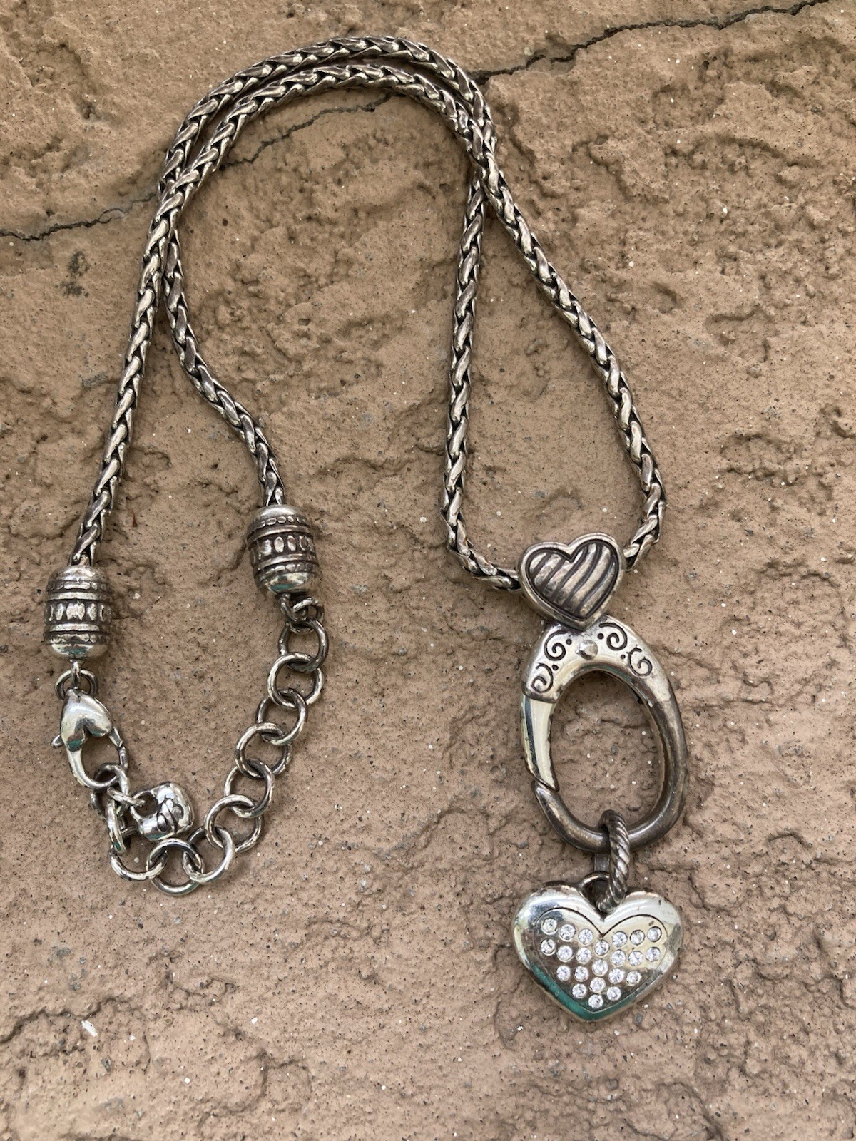 BRIGHTON Silverplated ABC Hook Heart Add A Charm Necklace – Crystal Heart Charm