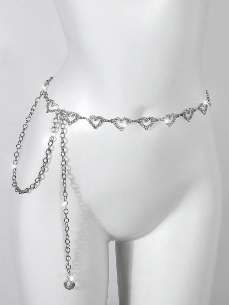 Women Rhinestone Heart Waist Chain Belt Crystal Belly Body Jewelry Y2K Festival