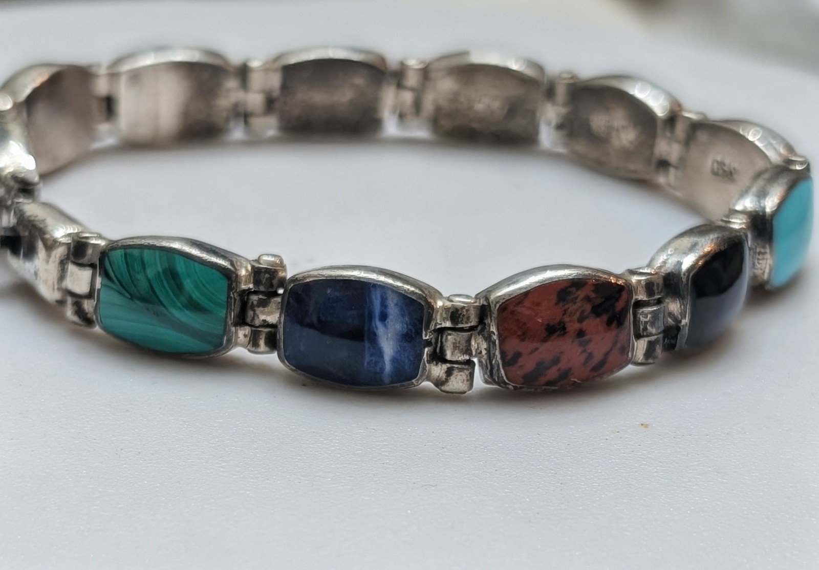 Vintage Taxco Mexico 950 Silver Multi Stone Inlay Link Bracelet 7.5″ 27.6g TJ-88