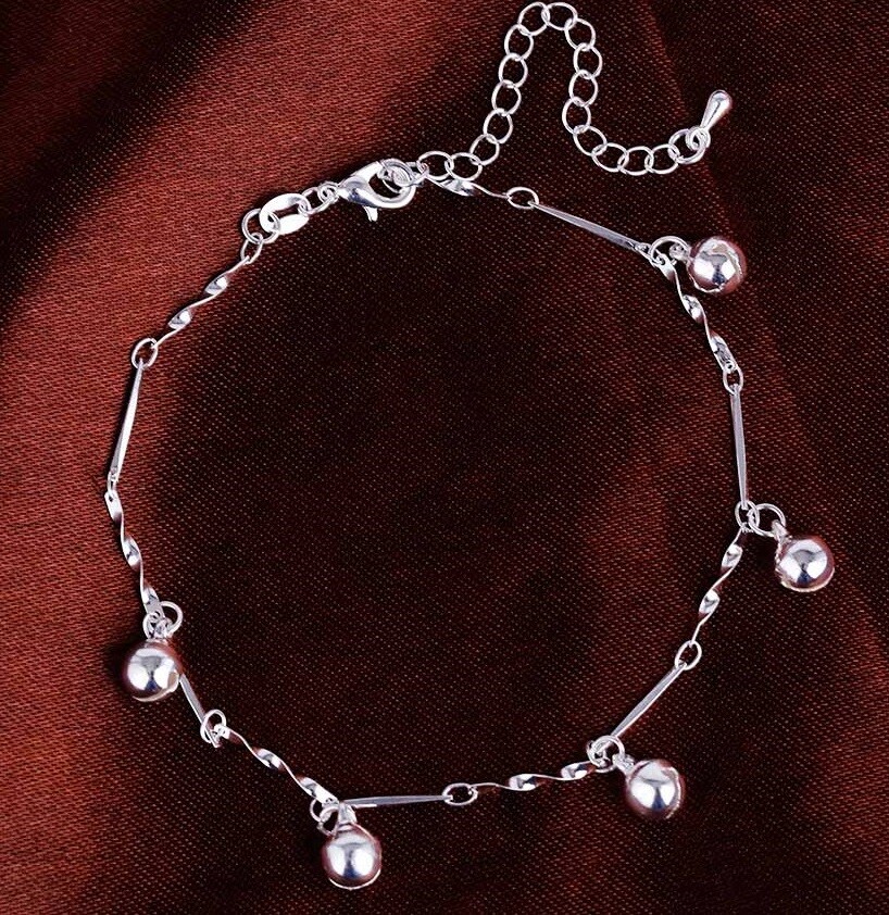 925 Sterling Silver Women’s Chain Adjustable Bells Anklet Ankle Bracelet D689