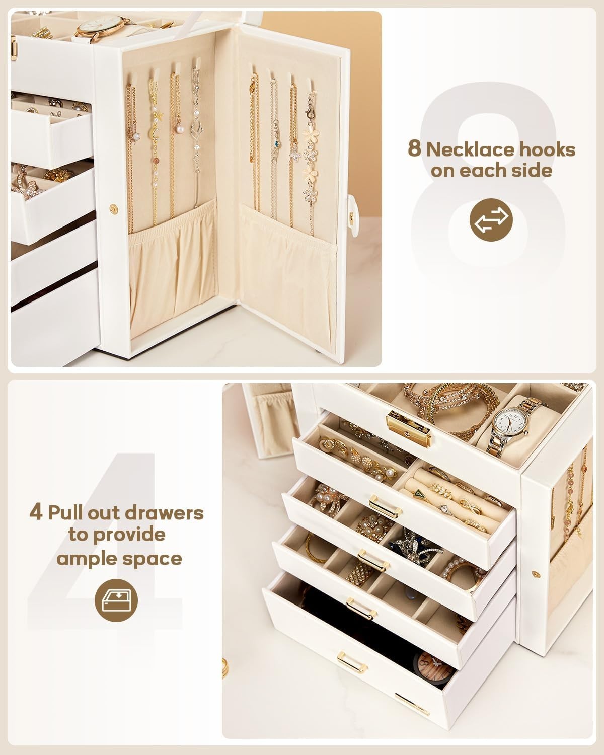 Stylish Jewelry and Watch Organizer – White Faux Leather, Lockable Design
