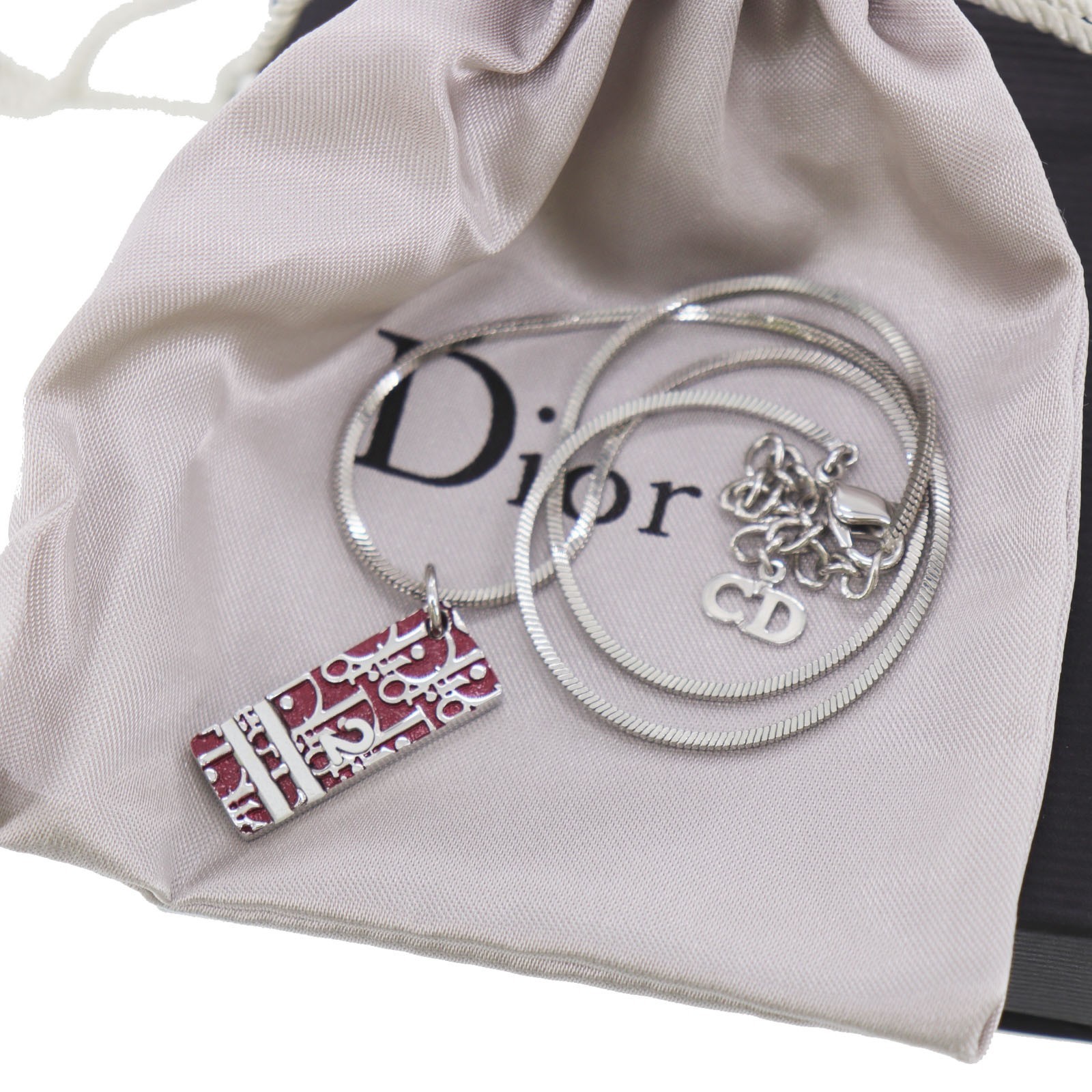 Christian Dior Trotter Used Chain Necklace Silver Red Vintage #EJ948 S