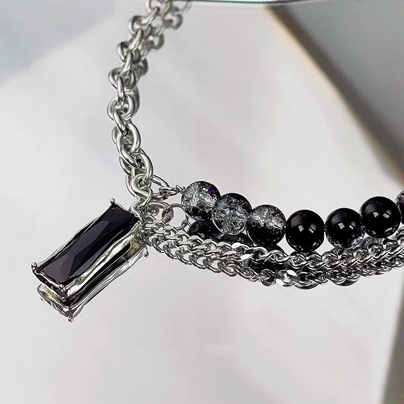 Black White Bead Necklace Stainless Steel Silver Unisex Gothic Y2K Stack Pendant