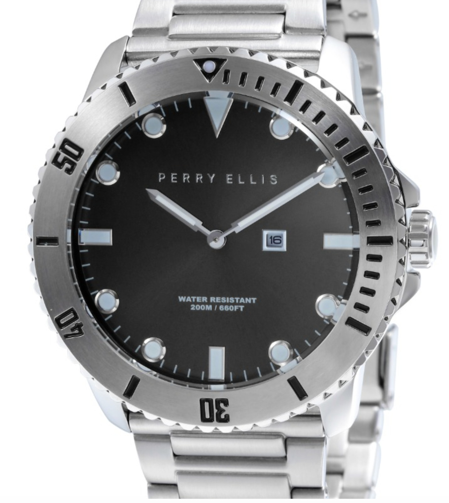 Perry Ellis Watch 02001-02 Deep Diver Quartz 46 mm Case Men’s Silver 20ATM 200m.