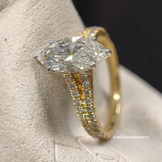 2.0CTW Marquise Moissanite Split Shank Engagement Ring 14k Multitone Gold Plated