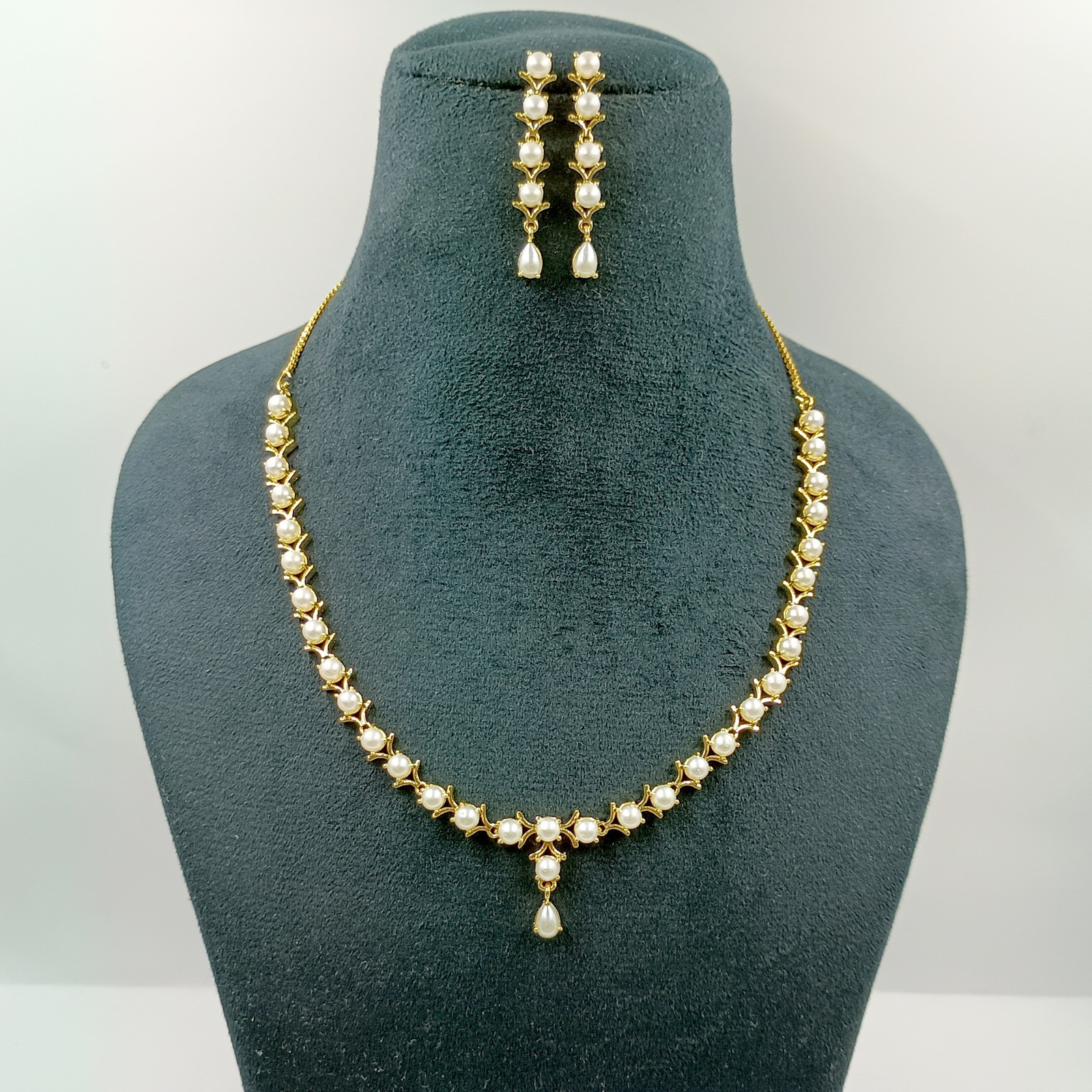 22k Gold Plated Pearl Round Stone Statement Necklace Set Wedding Jewelry Women’s