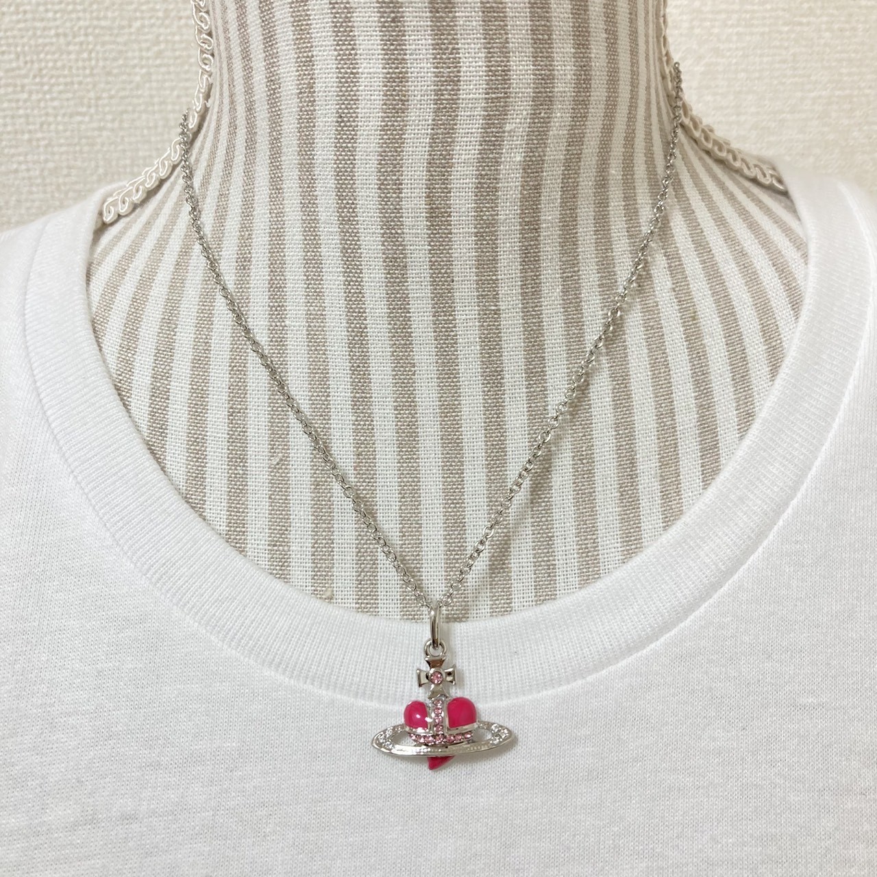 Vivienne Westwood Necklace Diamante Heart Silver Pink TOP 2.5cm NO BOX