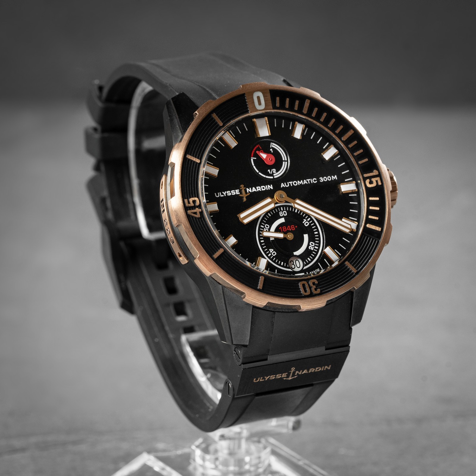 UN Diver 18k Rose Gold and PVD Titanium 300m, Complete Set Excellent Condition