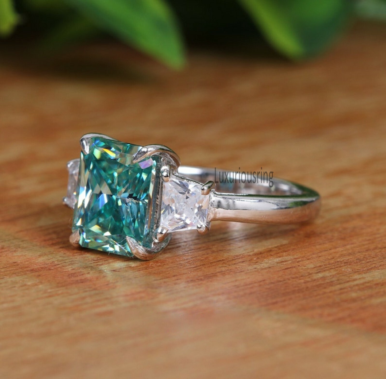 2.74 Ct Blue Green Radiant Cut Moissanite, 3 Stone Engagement Ring, 925 Silver