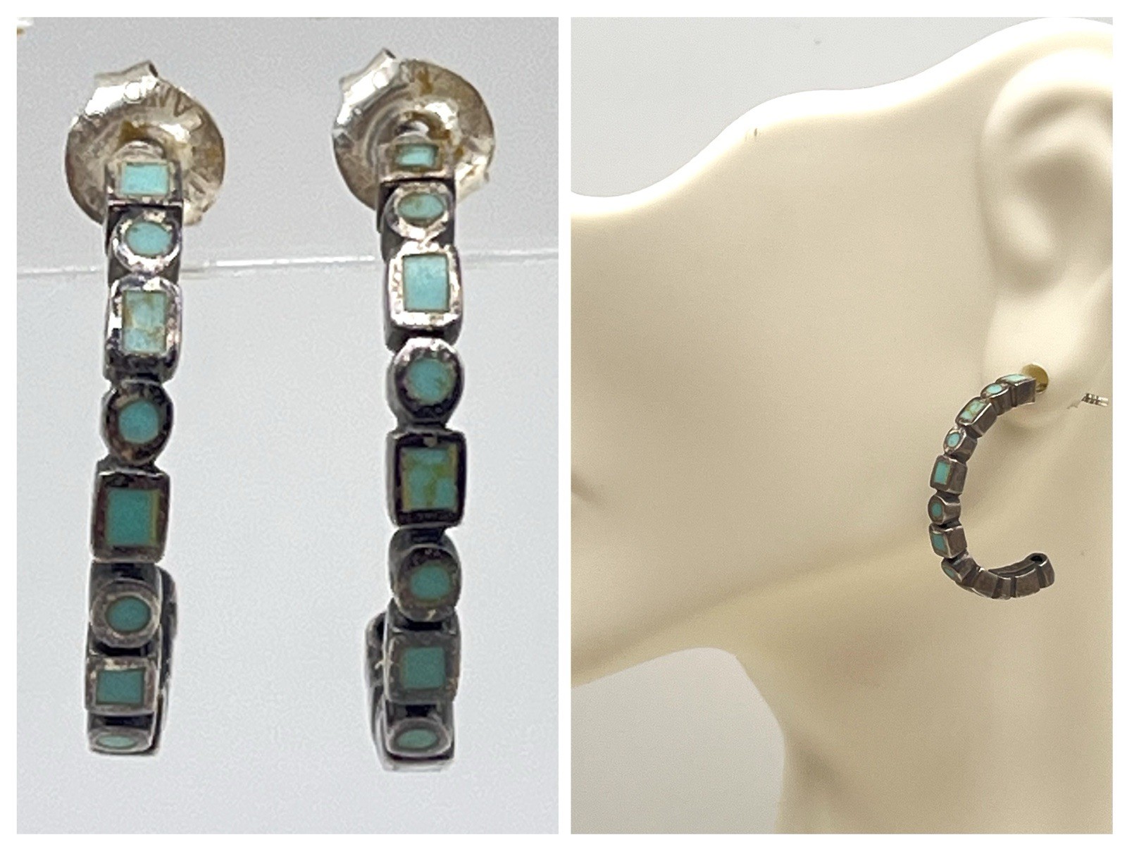 Vintage Sterling Silver Earrings Turquoise Inlay Half Hoops Stamped SE 925 1″