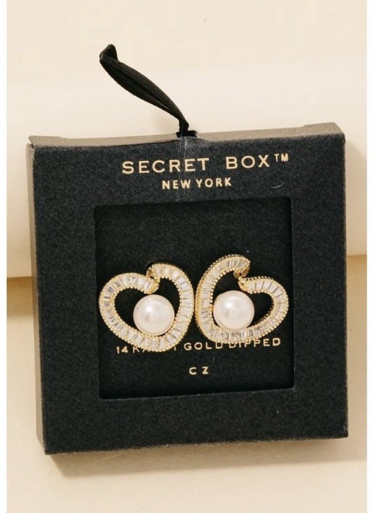NEW Secret Box Boutique Heart Pearl Pave Earrings Gold Plated