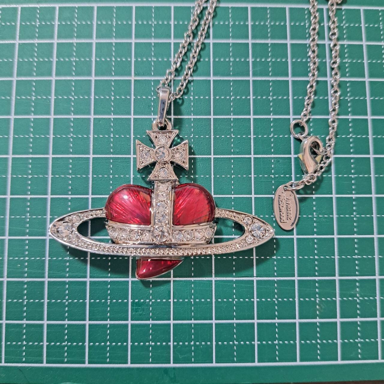 Diamante Heart Orb Large Necklace Silver Red with drawstring