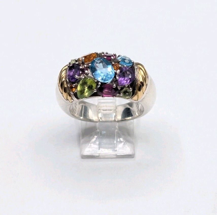 EFFY Sterling Silver 925 Gold Accent Multi Gemstone Cluster Ring Size 8