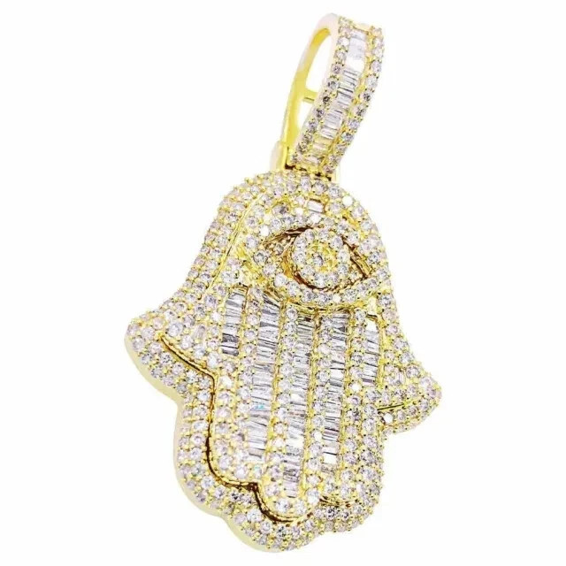 4Ct Baguette Real Moissanite Hamsa Hand Women’s Pendant 14K Yellow Gold Plated