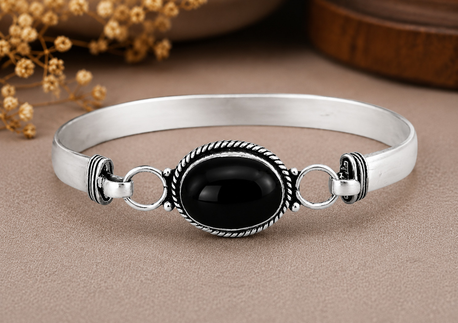 925 Sterling Silver Black Onyx Cuff Bangle Bracelet Handmade Oval Gemstone Gift