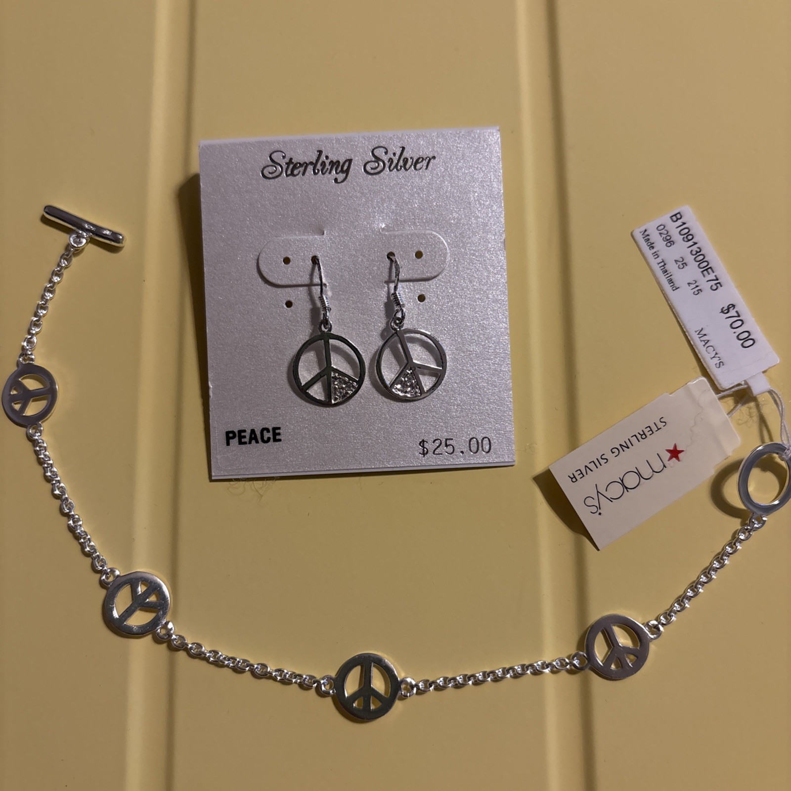 Macys Sterling Silver Toggle Peace Sign Bracelet plus peace earrings NWT
