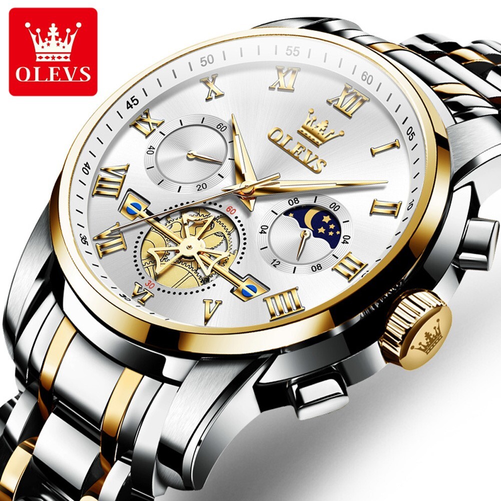 OLEVS Quartz Men’s Watch, Stainless Steel, Chronograph, Waterproof, Moon Phases