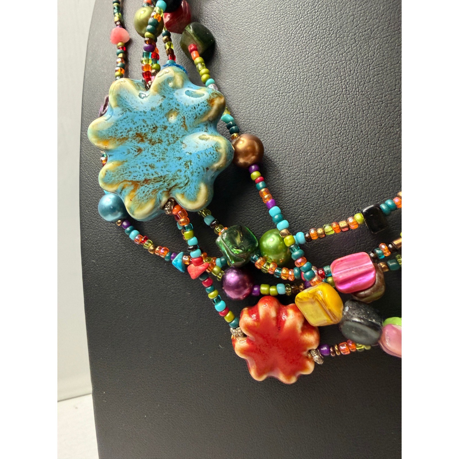 Beaded Necklace Earrings Hippie Boho Ceramic Flower