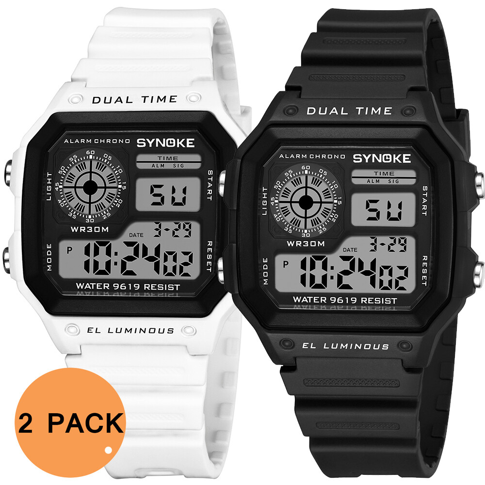 2 Packs Men Digital Multi-Function Sport Watches Dual Time Alarm Backlight Watch