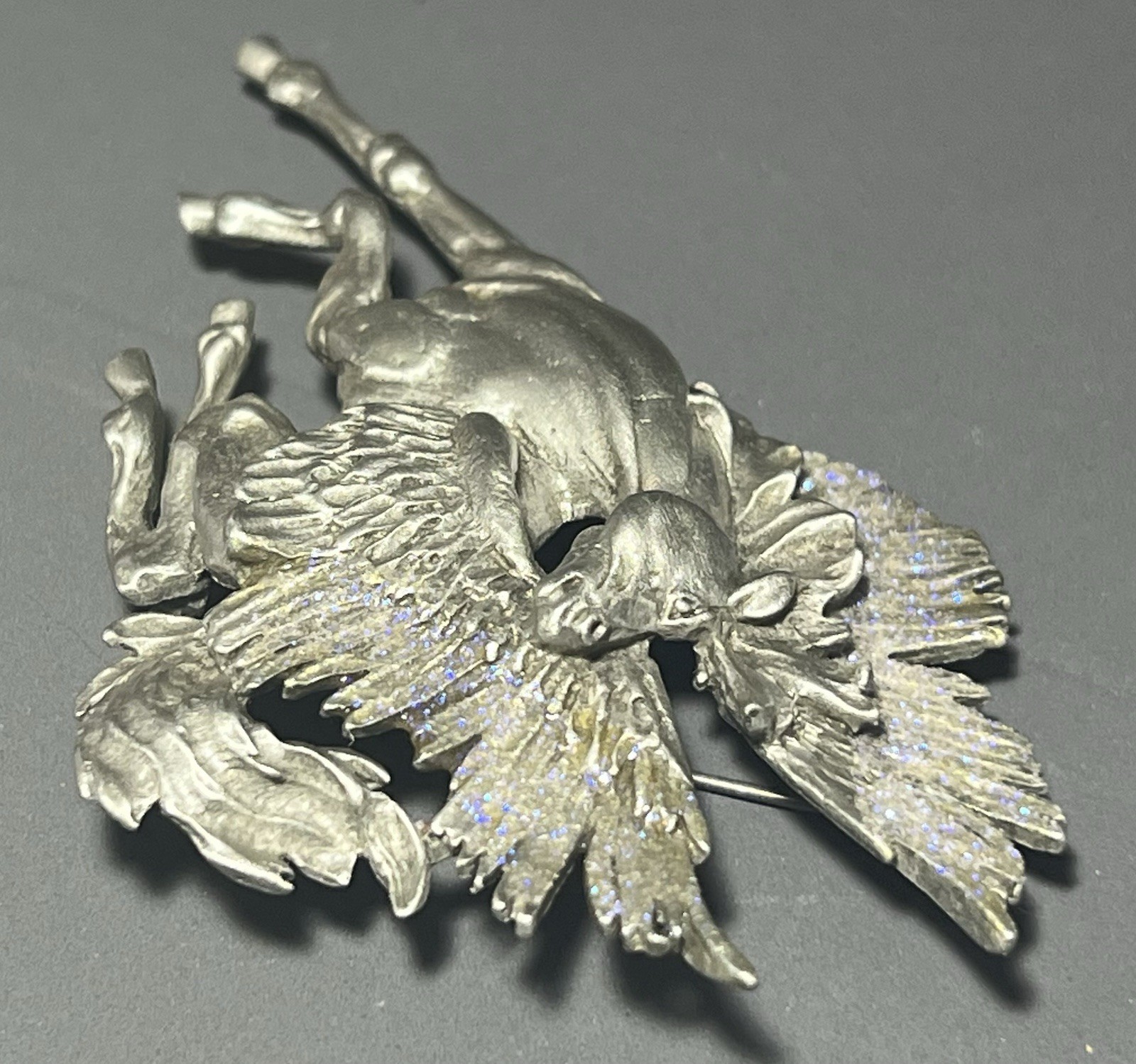 Vintage JJ Jonette Brooch Pewter Horse Pegasus Purple Glitter 3.5 Inches