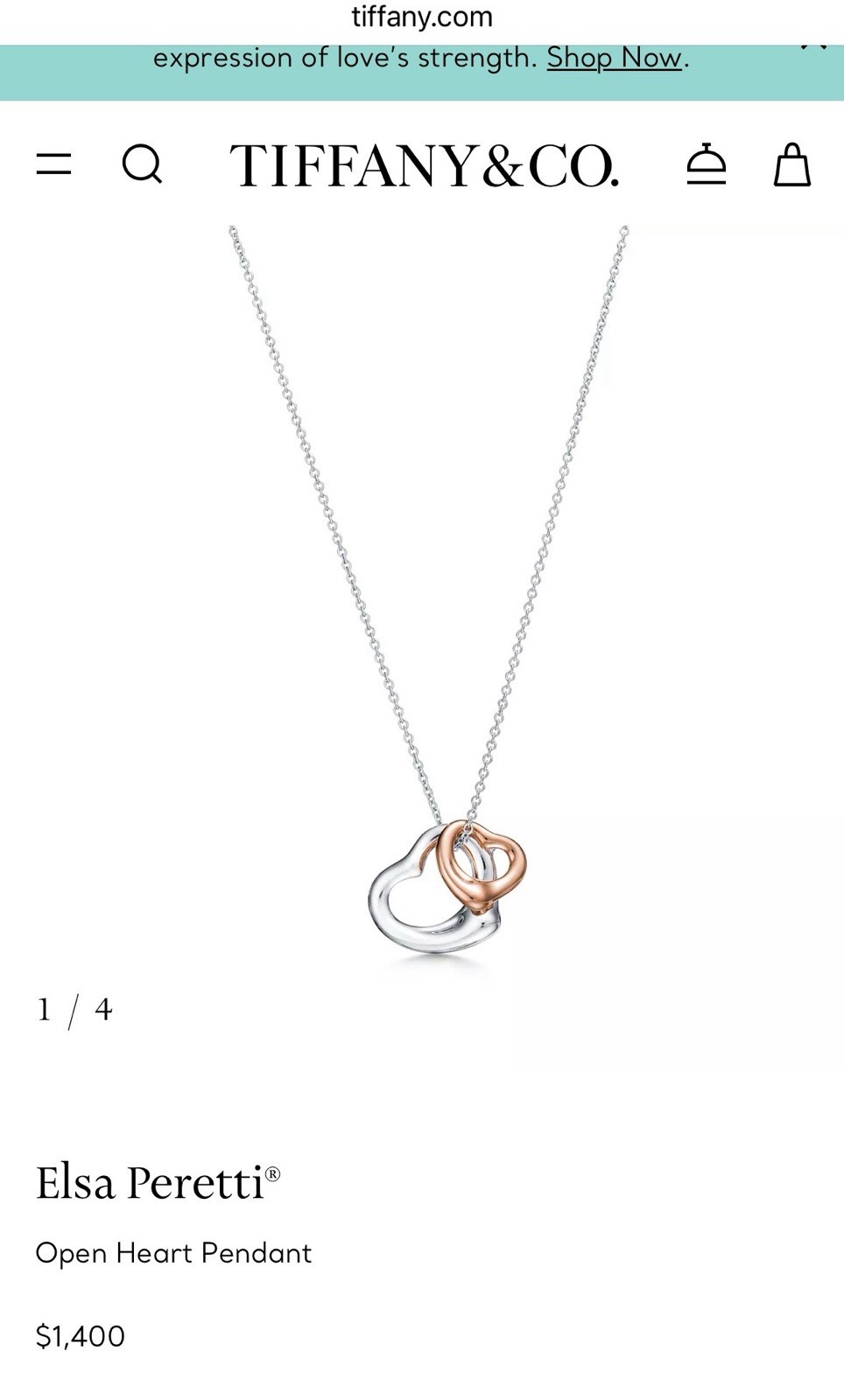Tiffany & Co. Elsa Peretti Open Double Heart Gold Silver Pendant Necklace $1400