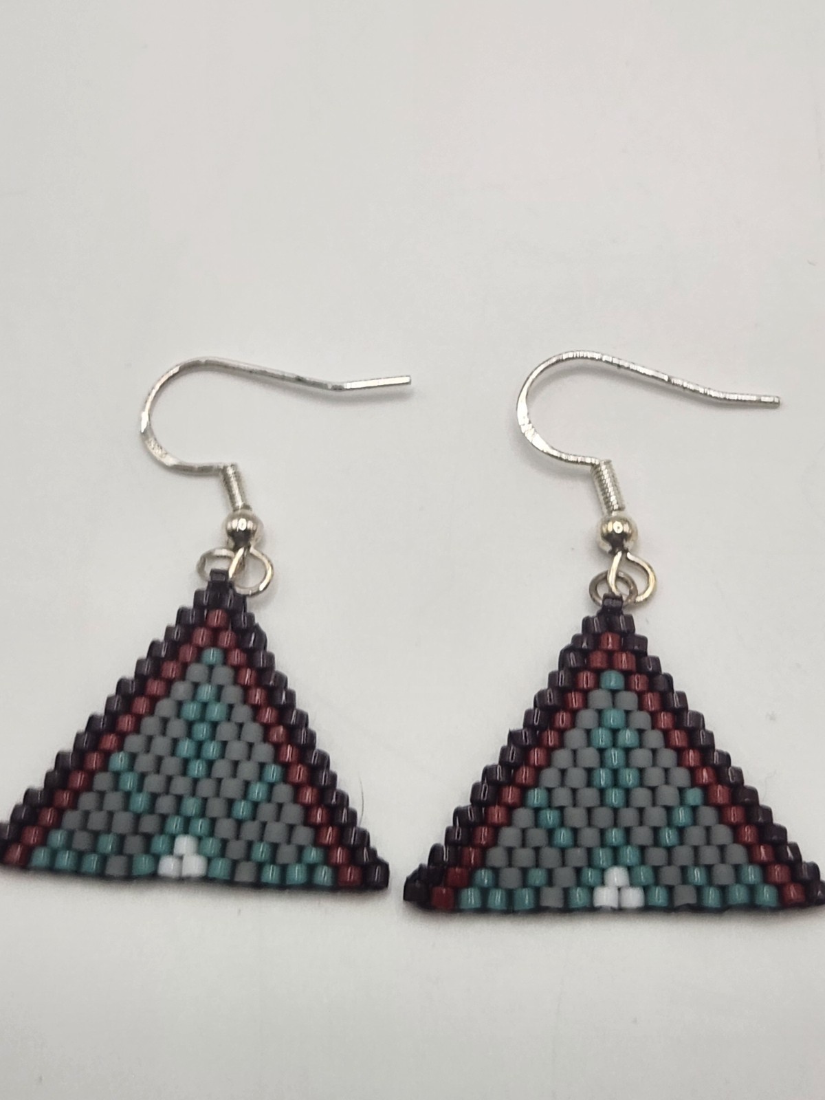 Handmade Peyote Seed Bead Triangle Dangle Earrings Sterling Silver 925 Hooks