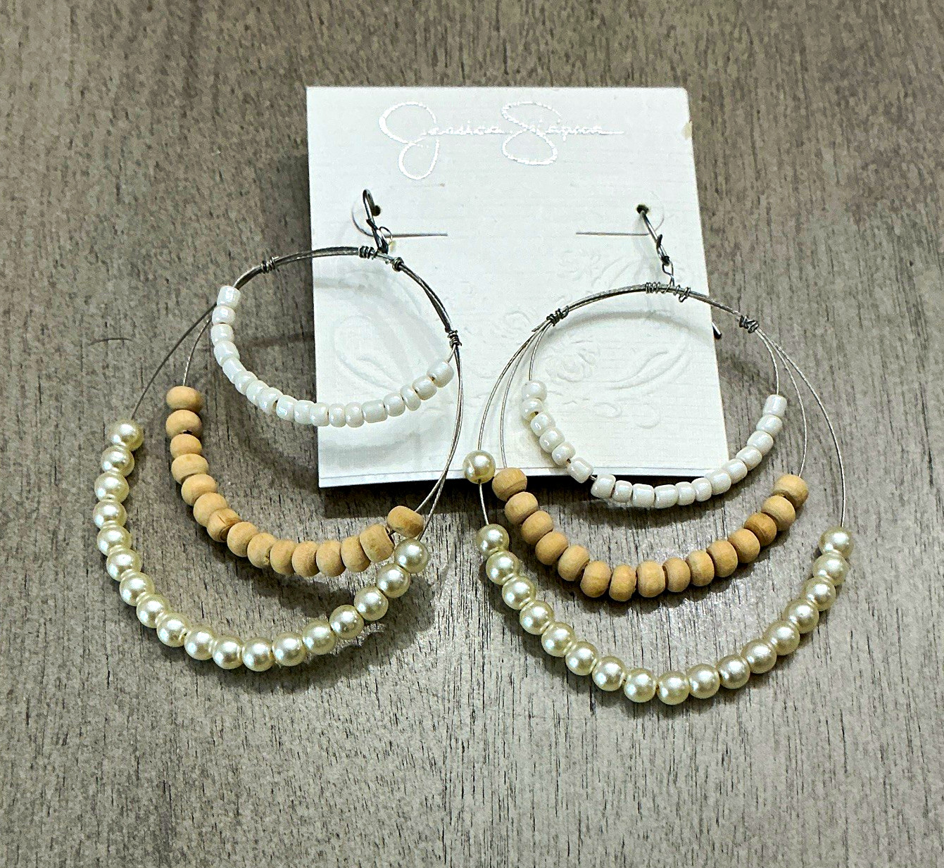 Jessica Simpson Silver Tone Multi-Hoop Beaded Sim Pearl Dangle Hook Earrings