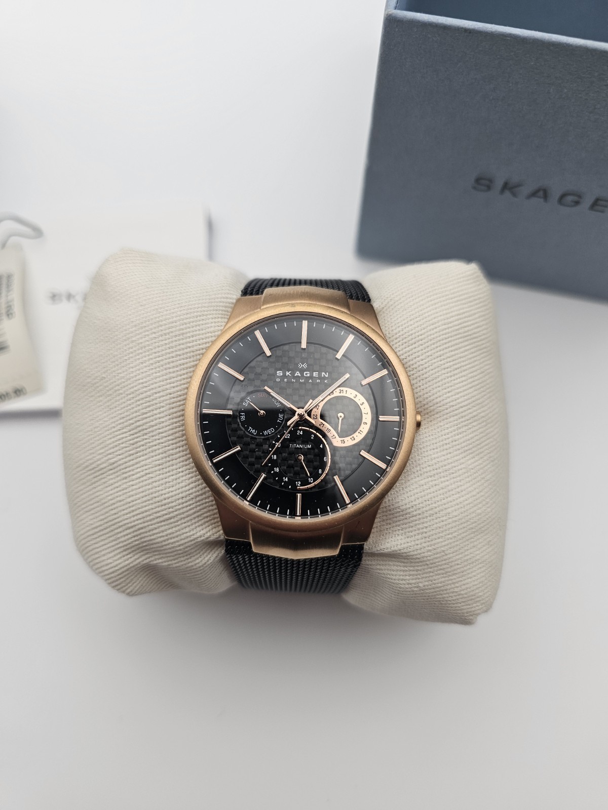 Skagen 809XLTRB Multifunction Titanium watch featuring a black mesh band and…