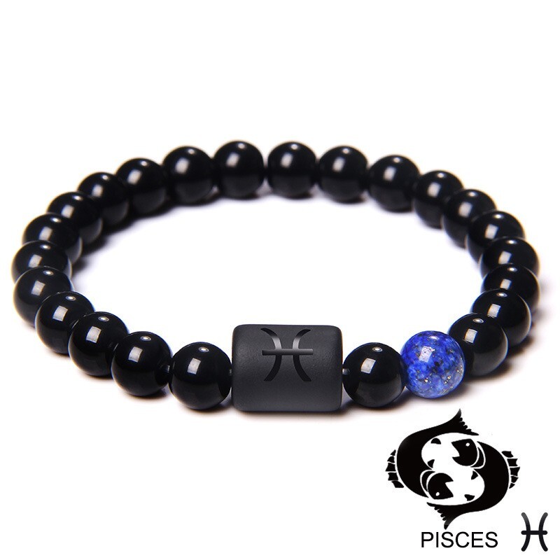 Zodiac Sign Natural Black Stone Beaded Elastic Stylish Bracelet Astrological