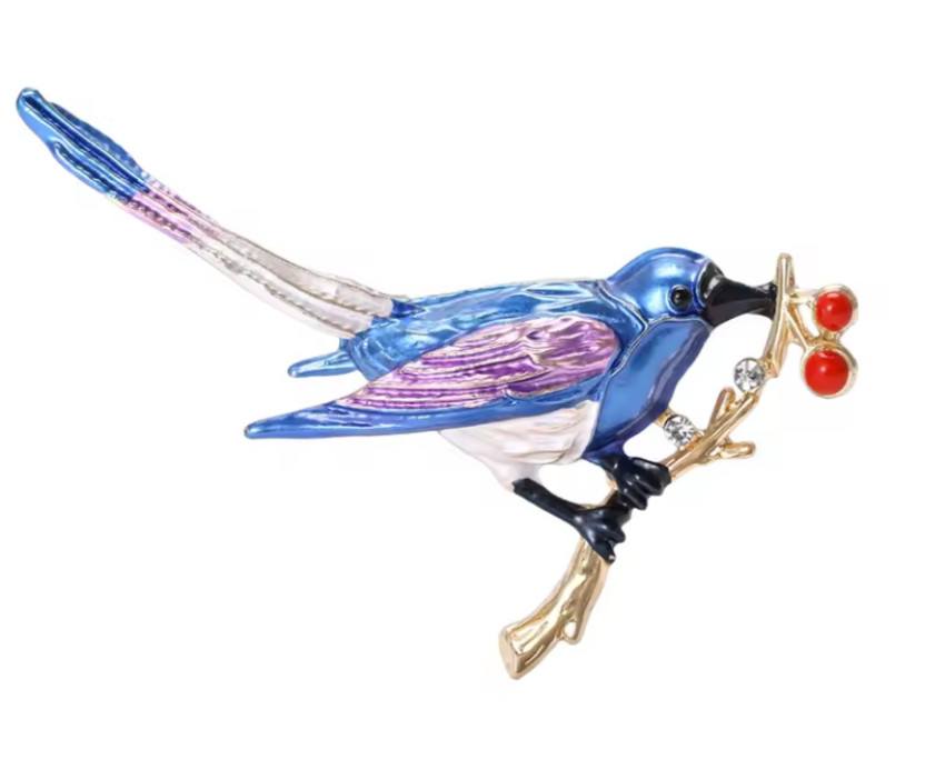 Blue Enamel Bird Brooch Branch Pin Gold Tone Rhinestone Nature Jewelry Gift