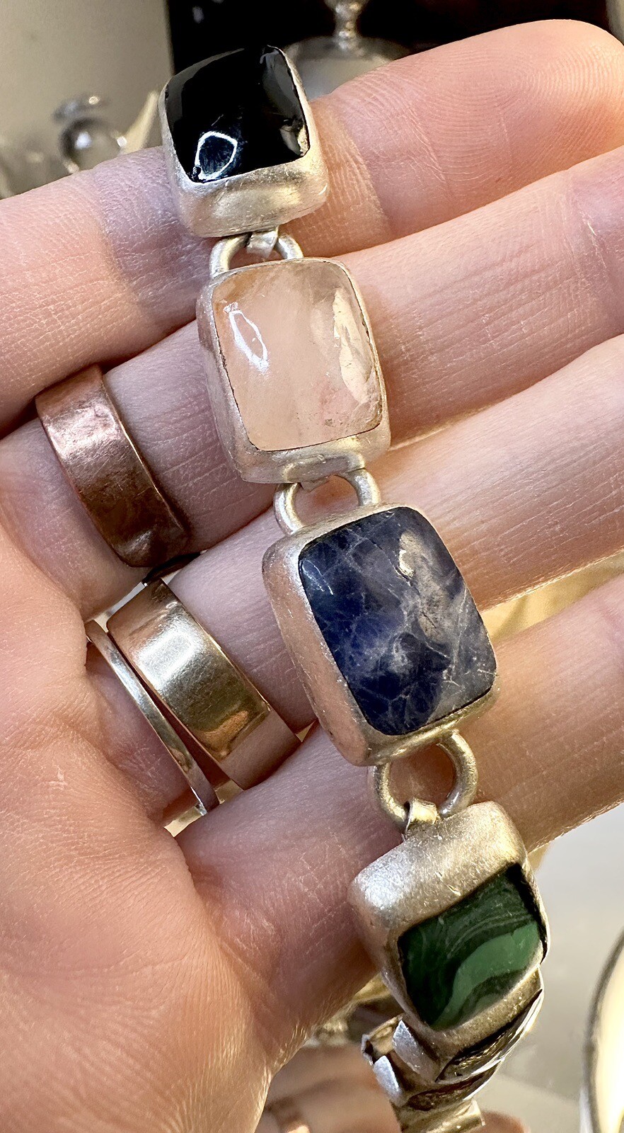 Vintage Mexico Rose Quartz Onyx Malachite Lapis + 925 Silver Bracelet 7 In