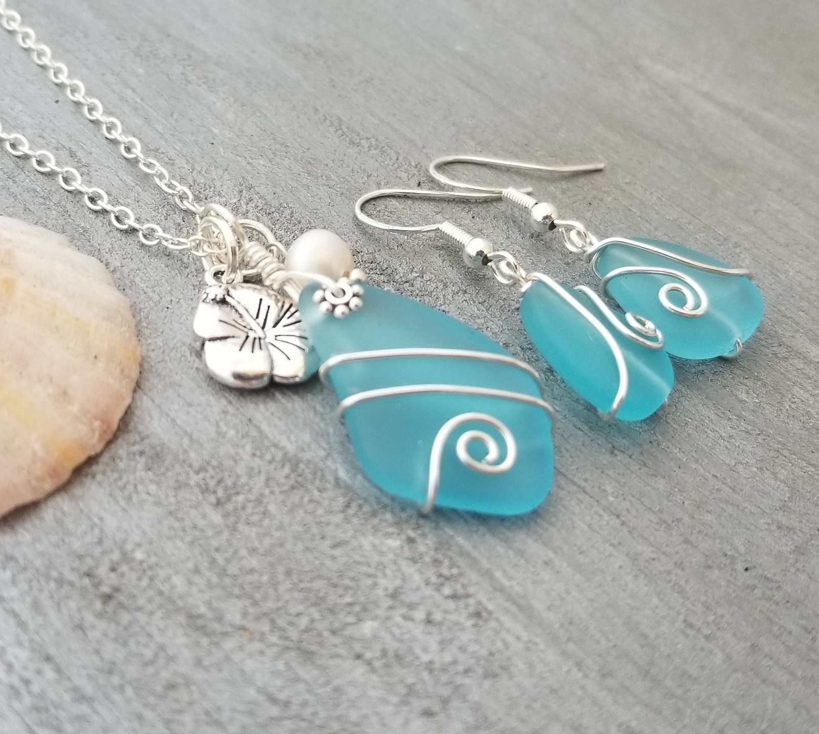 Made in Hawaii, Wire wrapped blue sea glass necklace + earrings jewelry set,