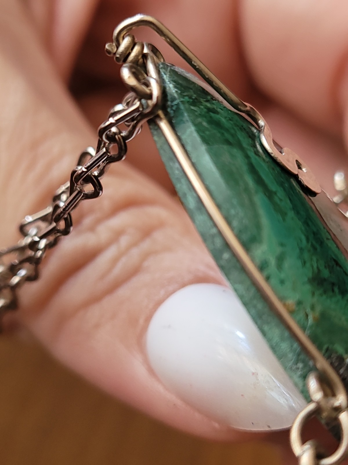Chrysacolla Peruvian Silver Toned Statement Necklace Green Teardrop Pendant Hook