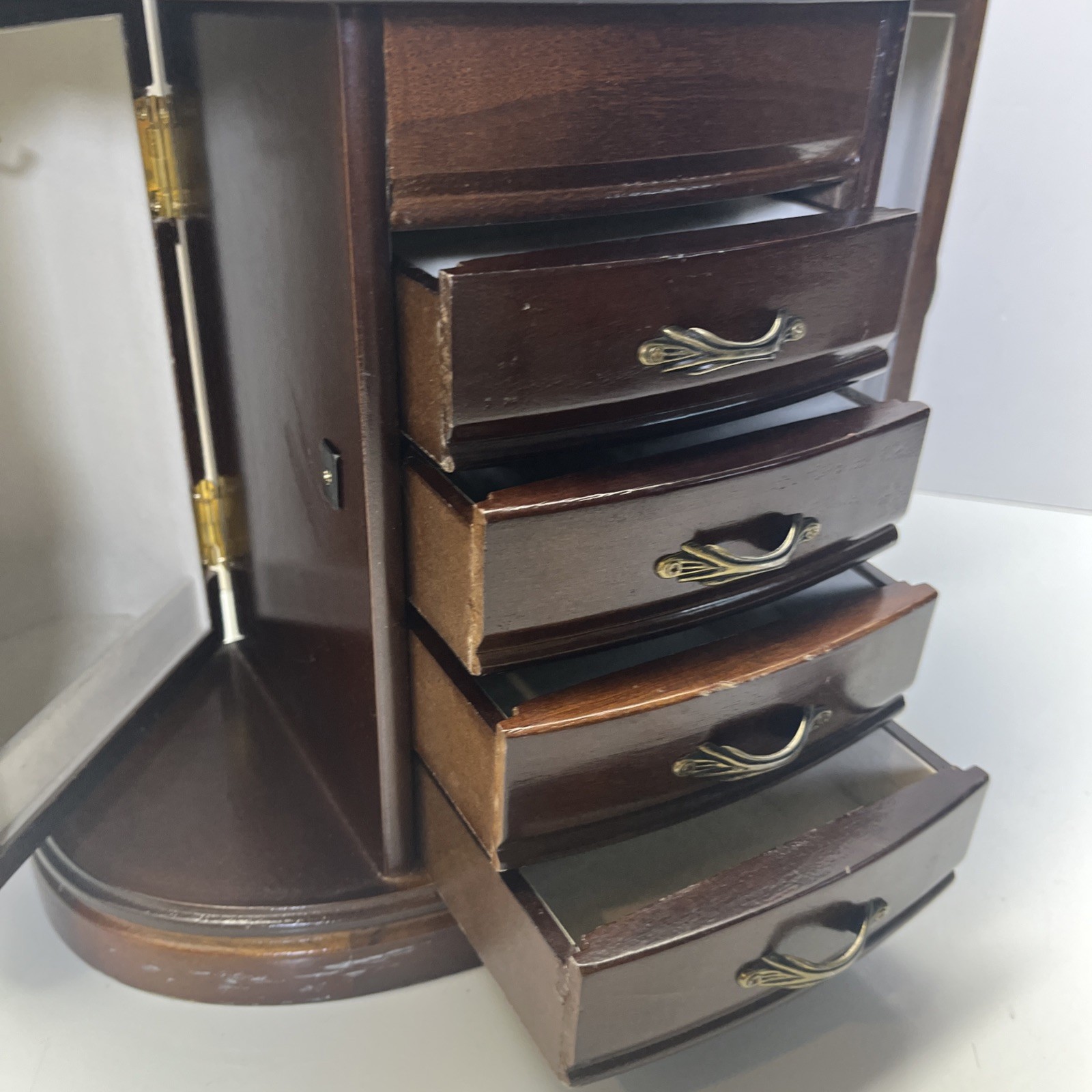 Jewelry Box 112”x11”x 6.5” Ring Tray Necklace Hooks Doors 4 Drawer Mirror Dark