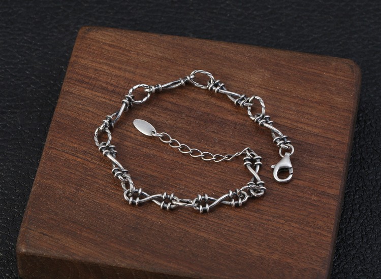 Solid 925 Silver Barbed Wire Style Bracelet Oxidized Thai Silver Punk Jewelry