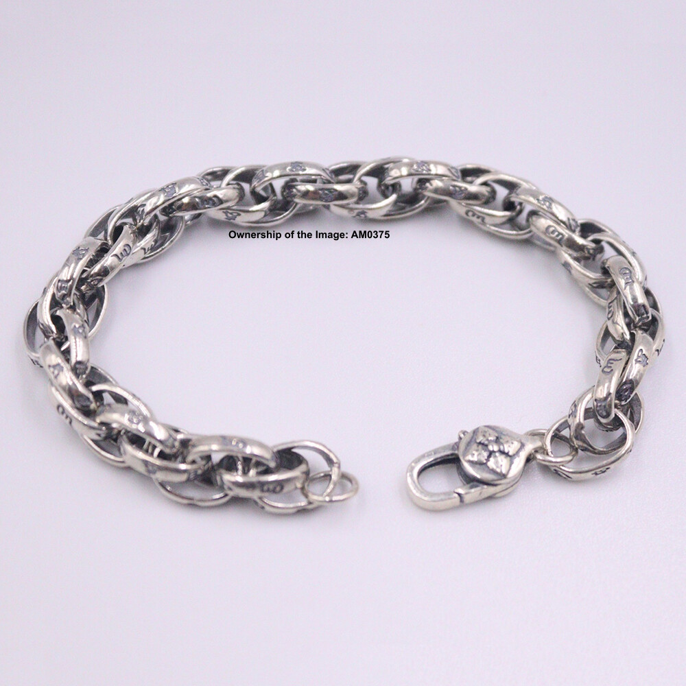 Pure 925 Sterling Silver Men’s Bracelet 8.5mm Six-Word Oval Link Chain 8.26inch