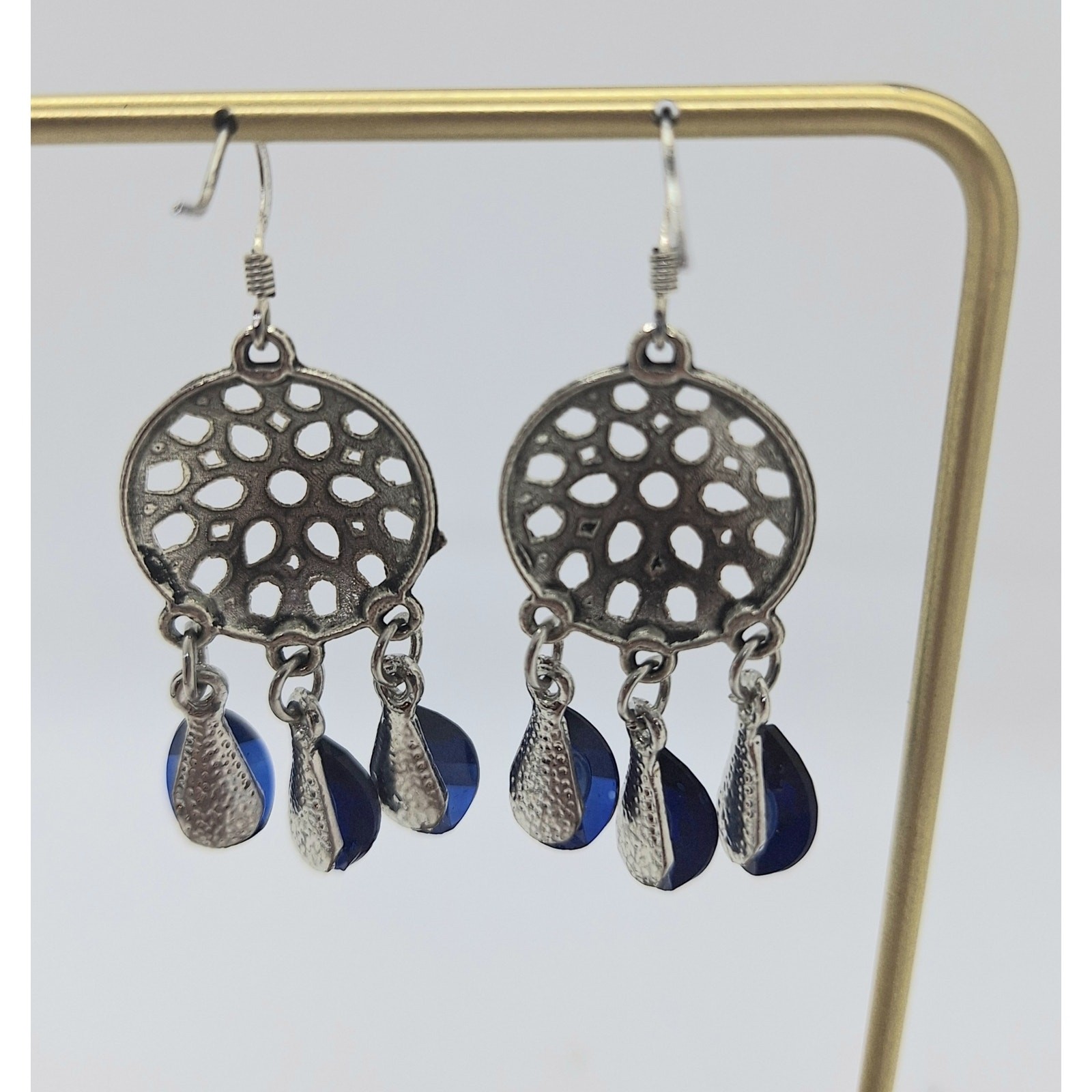 Chandelier Earrings Silver Tone Blue Acrylic Stones Fish Hook Earwires