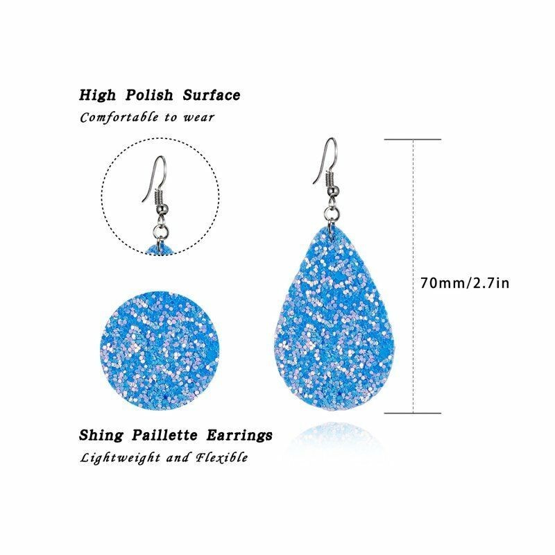 Fashion Jewelry Blue Glitter Faux Leather Fabric Teardrop Hook Dangle Earrings