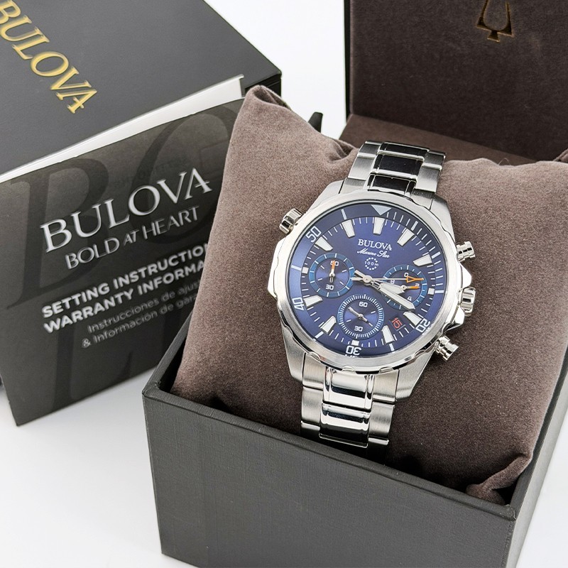 Bulova Marine Star Blue Dial 96B256 Steel Men Quartz Watch 43mm Chronograph