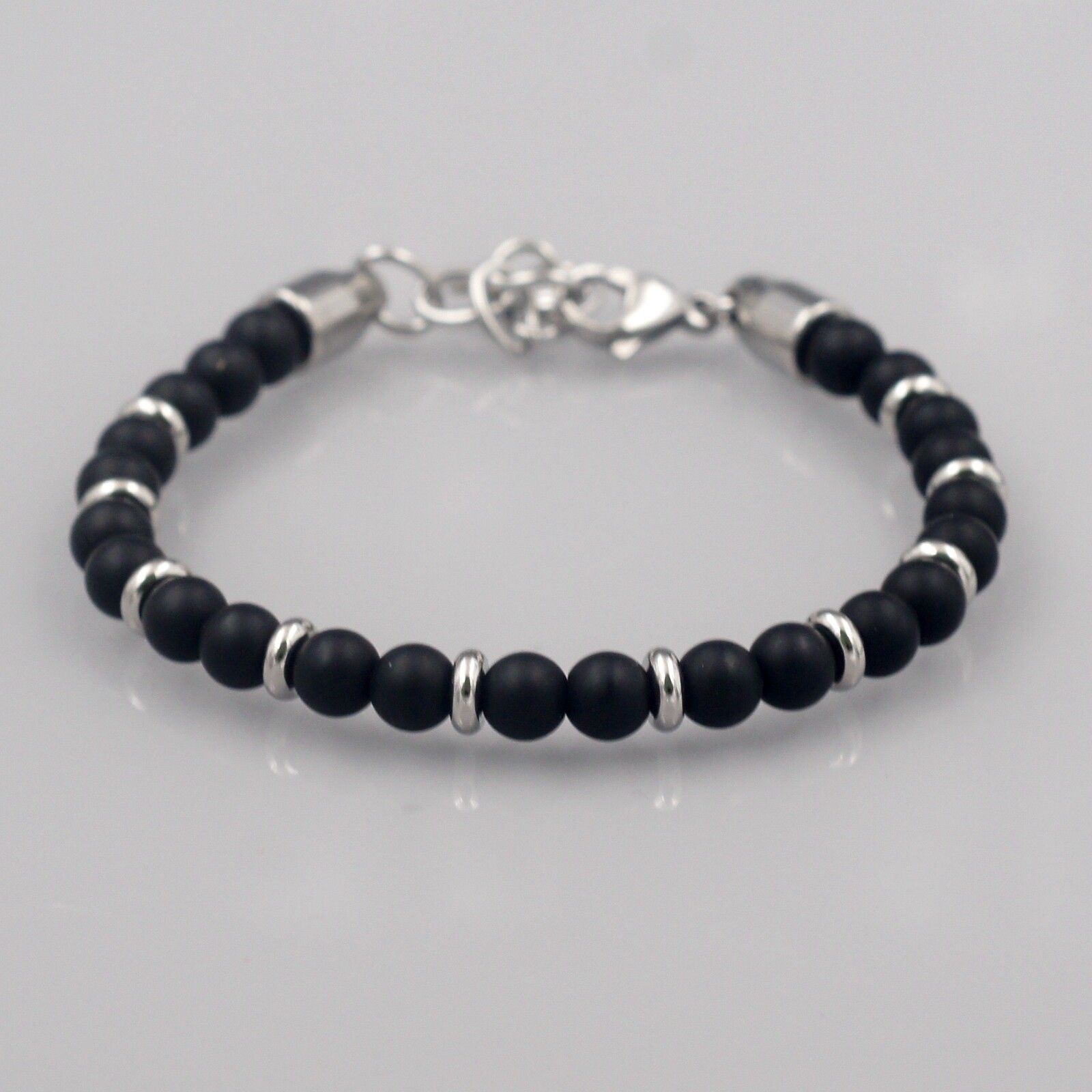 Men Black Agate Natural Frosted Stone Stainless Steel Chain Bangle Bracelet 151